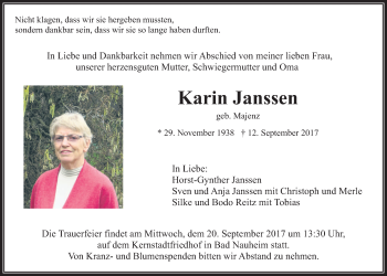 Traueranzeige von Karin Janssen von Wetterauer Zeitung, Wetterauer Zeitung
