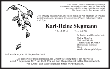 Traueranzeige von Karl-Heinz Siegmann von Wetterauer Zeitung, Wetterauer Zeitung