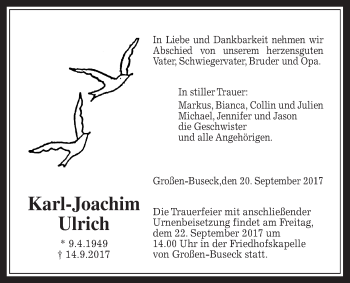 Traueranzeige von Karl-Joachim Ulrich von Giessener Allgemeine, Alsfelder Allgemeine