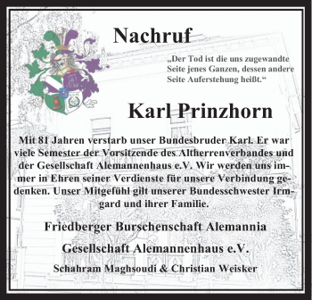 Traueranzeige von Karl Prinzhorn von Wetterauer Zeitung, Wetterauer Zeitung