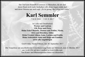 Traueranzeige von Karl Semmler von Alsfelder Allgemeine