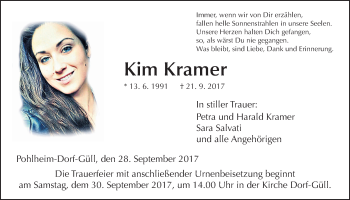 Traueranzeige von Kim Kramer von Giessener Allgemeine, Alsfelder Allgemeine