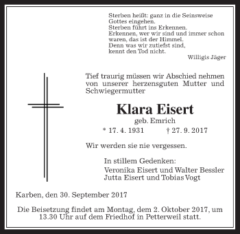 Traueranzeige von Klara Eisert von Wetterauer Zeitung, Wetterauer Zeitung