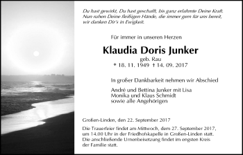 Traueranzeige von Klaudia Doris Junker von Giessener Allgemeine, Alsfelder Allgemeine