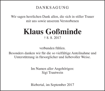 Traueranzeige von Klaus Goßminde von Giessener Allgemeine, Alsfelder Allgemeine