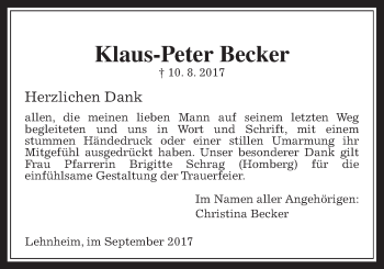Traueranzeige von Klaus-Peter Becker von Giessener Allgemeine, Alsfelder Allgemeine