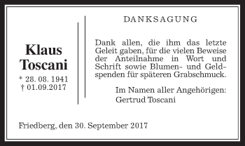 Traueranzeige von Klaus Toscani von Wetterauer Zeitung, Wetterauer Zeitung