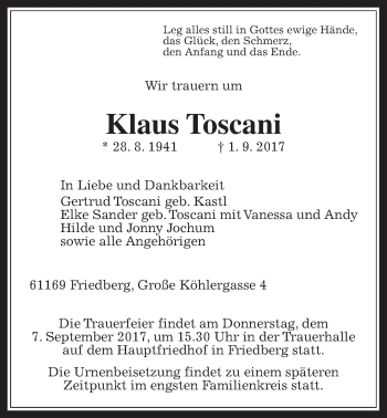 Traueranzeige von Klaus Toscani von Wetterauer Zeitung, Wetterauer Zeitung