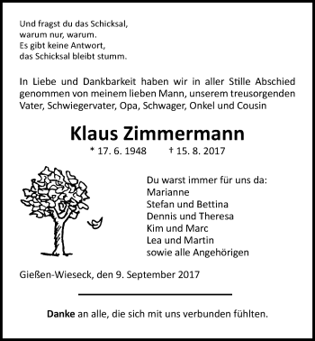 Traueranzeige von Klaus Zimmermann von Giessener Allgemeine, Alsfelder Allgemeine