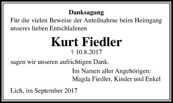 Traueranzeige von Kurt Fiedler von Licher Wochenblatt, Licher Wochenblatt, Licher Wochenblatt