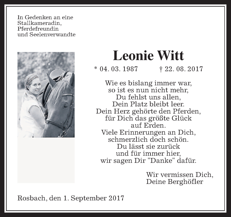  Traueranzeige für Leonie Witt vom 02.09.2017 aus Wetterauer Zeitung, Wetterauer Zeitung
