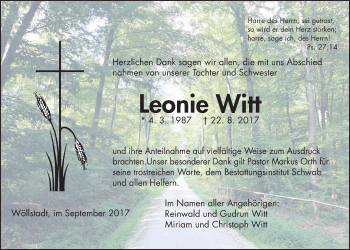 Traueranzeige von Leonie Witt von Wetterauer Zeitung, Wetterauer Zeitung