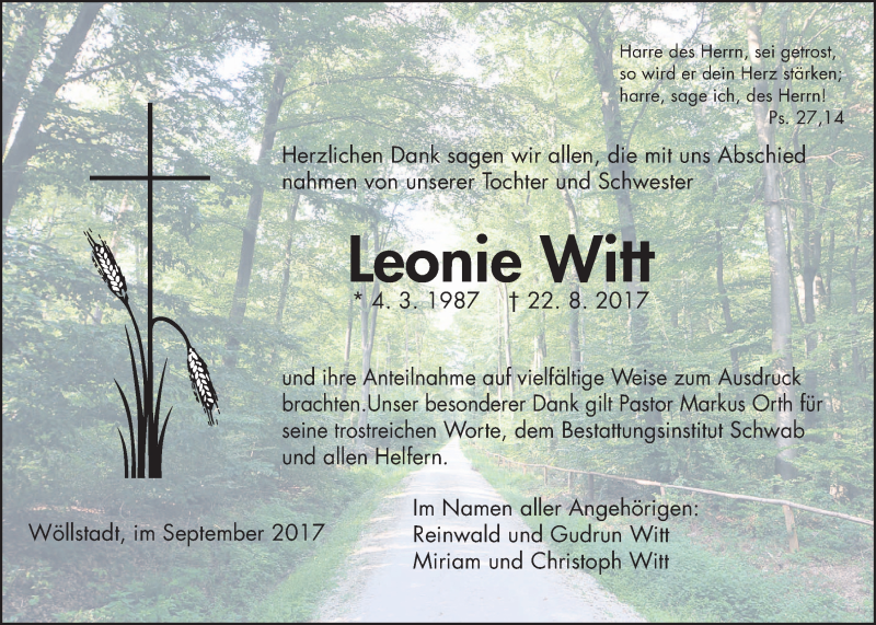  Traueranzeige für Leonie Witt vom 16.09.2017 aus Wetterauer Zeitung, Wetterauer Zeitung