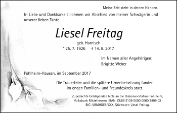 Traueranzeige von Liesel Freitag von Giessener Allgemeine, Alsfelder Allgemeine
