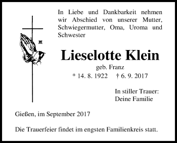 Traueranzeige von Lieselotte Klein von Giessener Allgemeine, Alsfelder Allgemeine