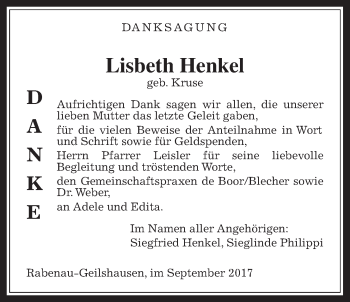 Traueranzeige von Lisbeth Henkel von Rabenauer Zeitung