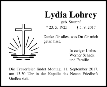 Traueranzeige von Lydia Lohrey von Giessener Allgemeine, Alsfelder Allgemeine