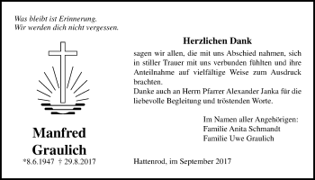 Traueranzeige von Manfred Graulich von Licher Wochenblatt, Licher Wochenblatt, Licher Wochenblatt