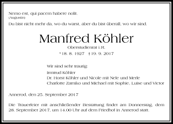 Traueranzeige von Manfred Köhler von Giessener Allgemeine, Alsfelder Allgemeine