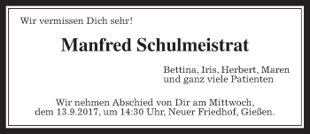 Traueranzeige von Manfred Schulmeistrat von Giessener Allgemeine, Alsfelder Allgemeine