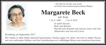 Traueranzeige von Margarete Beck von Wetterauer Zeitung, Wetterauer Zeitung