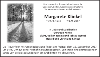 Traueranzeige von Margarete Klinkel von Giessener Allgemeine, Alsfelder Allgemeine