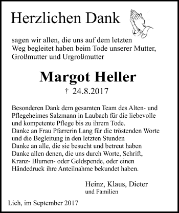 Traueranzeige von Margot Heller von Licher Wochenblatt, Licher Wochenblatt, Licher Wochenblatt