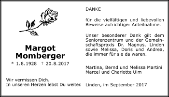 Traueranzeige von Margot Momberger von Giessener Allgemeine, Alsfelder Allgemeine