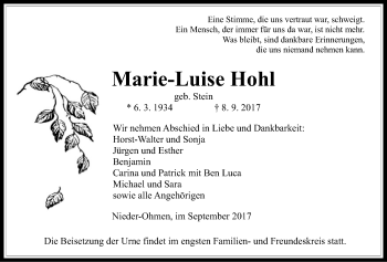 Traueranzeige von Marie-Luise Hohl von Giessener Allgemeine, Alsfelder Allgemeine