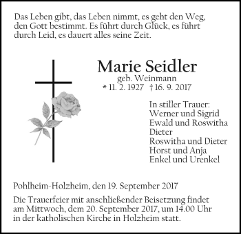 Traueranzeige von Marie Elisabeth Seidler von Giessener Allgemeine, Alsfelder Allgemeine