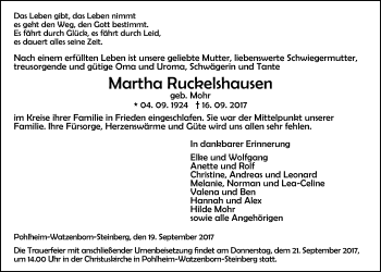 Traueranzeige von Martha Ruckelshausen von Giessener Allgemeine, Alsfelder Allgemeine