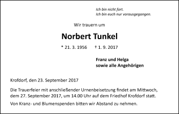 Traueranzeige von Norbert Tunkel von Giessener Allgemeine, Alsfelder Allgemeine