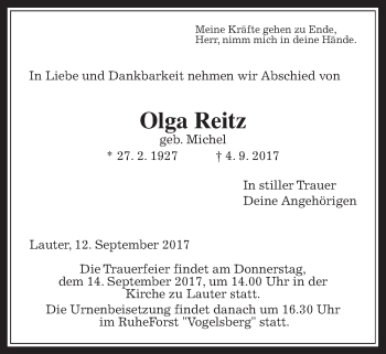 Traueranzeige von Olga Reitz von Giessener Allgemeine, Alsfelder Allgemeine