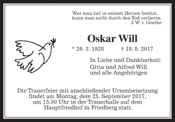 Traueranzeige von Oskar Will von Wetterauer Zeitung, Wetterauer Zeitung