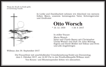 Traueranzeige von Otto Worsch von Giessener Allgemeine, Alsfelder Allgemeine
