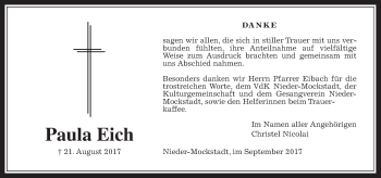 Traueranzeige von Paula Eich von Wetterauer Zeitung, Wetterauer Zeitung
