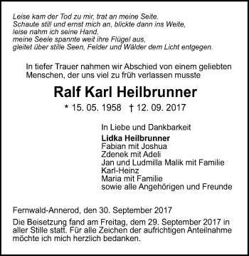 Traueranzeige von Ralf Karl Heilbrunner von Giessener Allgemeine, Alsfelder Allgemeine