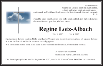 Traueranzeige von Regine Lotz-Albach von Giessener Allgemeine, Alsfelder Allgemeine, Wetterauer Zeitung, Wetterauer Zeitung