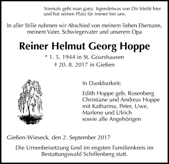 Traueranzeige von Reiner Helmut Georg Hoppe von Giessener Allgemeine, Alsfelder Allgemeine