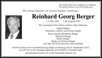 Traueranzeige von Reinhard Georg Berger von Giessener Allgemeine, Alsfelder Allgemeine