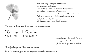Traueranzeige von Reinhold Grebe von Giessener Allgemeine, Alsfelder Allgemeine