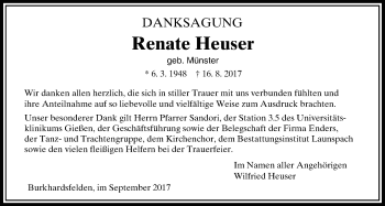 Traueranzeige von Renate Heuser von Giessener Allgemeine, Alsfelder Allgemeine