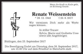 Traueranzeige von Renate Weissenstein von Wetterauer Zeitung, Wetterauer Zeitung