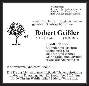 Traueranzeige von Robert Geißler von Wetterauer Zeitung, Wetterauer Zeitung