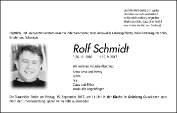 Traueranzeige von Rolf Schmidt von Giessener Allgemeine, Alsfelder Allgemeine