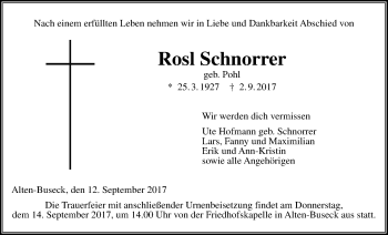 Traueranzeige von Rosl Schnorrer von Giessener Allgemeine, Alsfelder Allgemeine