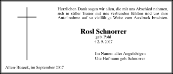 Traueranzeige von Rosl Schnorrer von Giessener Allgemeine, Alsfelder Allgemeine