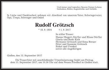 Traueranzeige von Rudolf Grötzsch von Giessener Allgemeine, Alsfelder Allgemeine