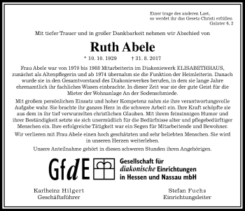 Traueranzeige von Ruth Abele von Wetterauer Zeitung, Wetterauer Zeitung