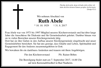 Traueranzeige von Ruth Abele von Wetterauer Zeitung, Wetterauer Zeitung